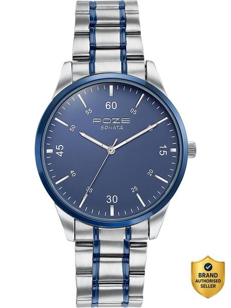 Sonata Poze Gleaming Chromes Quartz Blue Round Dial Men's Watch / Analog Watch  - For Men SP70049KM01,SP70049KM01W