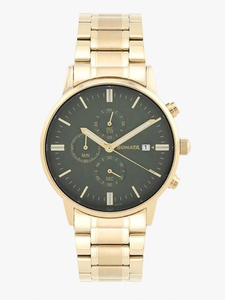 Sonata Chronograph With Date Green Dial Gold Stainless Steel Strap Analog Watch - For Men 77145YM01