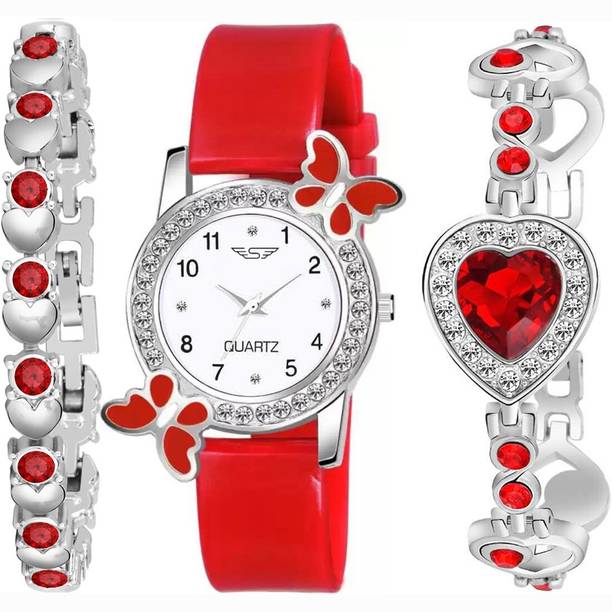 Analog Watch  - For Girls SW-304 Best Designer Red Butterfly & 2 Bracelet For Women