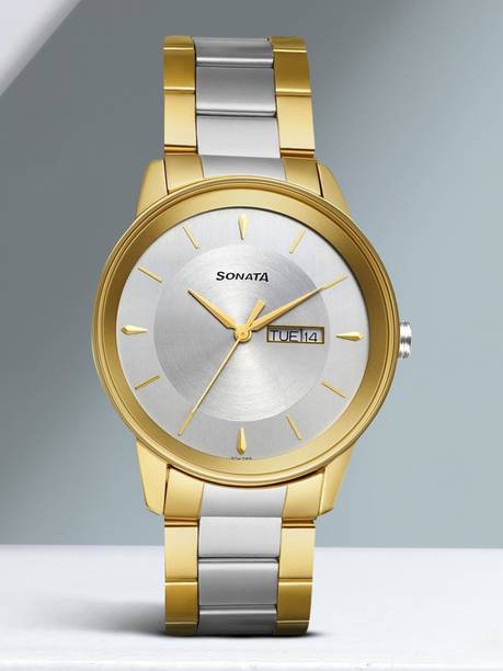Sonata With Day & Date Silver Dial Silver & Gold SS Strap Analog Watch - For Men NP7133BM03,NU7133BM03