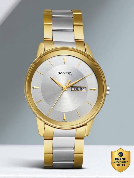 Sonata With Day & Date Silver Dial Silver & Gold SS Strap Analog Watch - For Men NP7133BM03,NU7133BM03