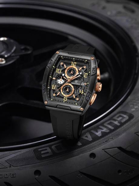 Rosegold & Black Luminous Hollow Dial with three chrongraph function Analog Watch - For Men NF8052 Barrel-shaped silicone strap timepeice