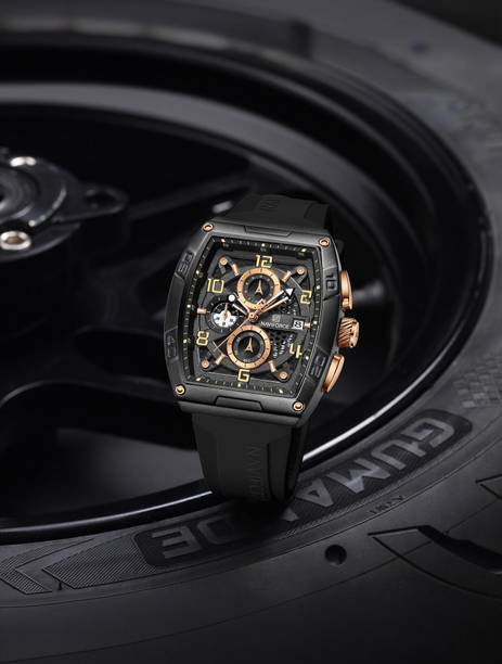 Rosegold & Black Luminous Hollow Dial with three chrongraph function Analog Watch - For Men NF8052 Barrel-shaped silicone strap timepeice