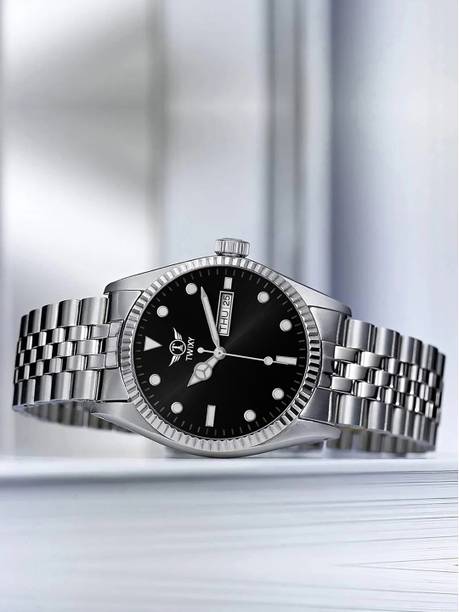 TWIXY Sea‑Dweller Series Day-Date Display Function Black Dial Steel Analog Watch - For Men TYW8 Silver-Black