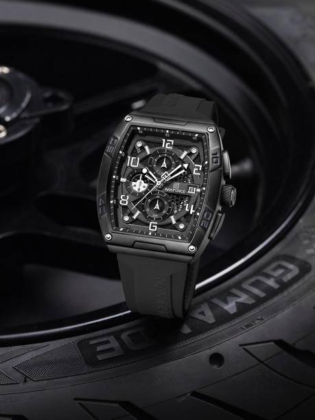 Black Luminous Hollow Dial with three chrongraph function Analog Watch - For Men NF8052 Barrel-shaped silicone strap timepeice
