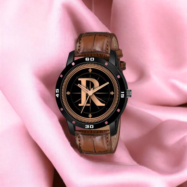 Atix ALPHA-R-AVO-BLK-DBRW-CRL-AT Fancy Design Stylish ALPHABET R Dial Brown Leather Strap Men Wrist Watch Analog Watch  - For Boys