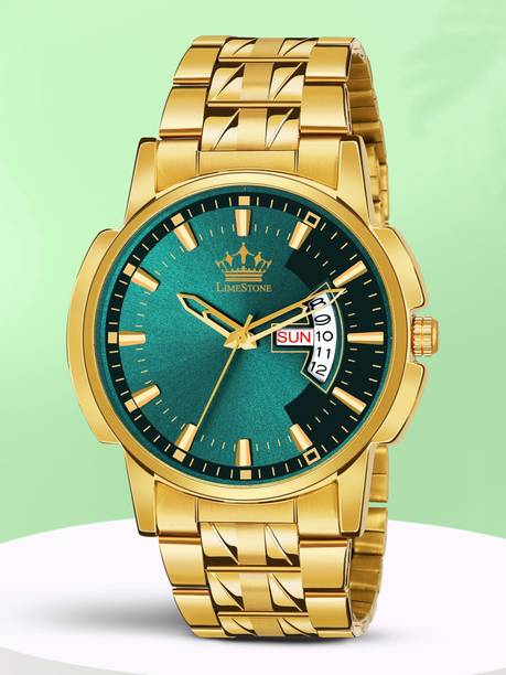 LIMESTONE Day & Date Original Gold Plated Adjsutable Bracelet HMTS Quartz Analog Watch  - For Men