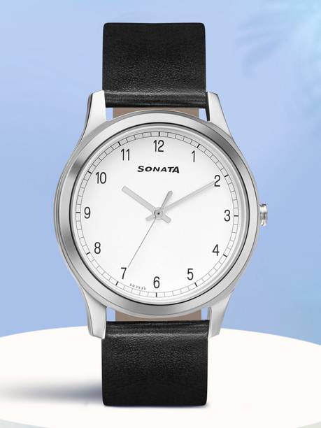 Sonata Quartz White Dial Black Leather Strap Analog Watch - For Men NT7135SL04,NU7135SL04