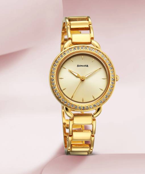 Sonata Wedding Champagne Dial Gold Metal Strap Analog Watch - For Women NT87052YM01,NU87052YM01