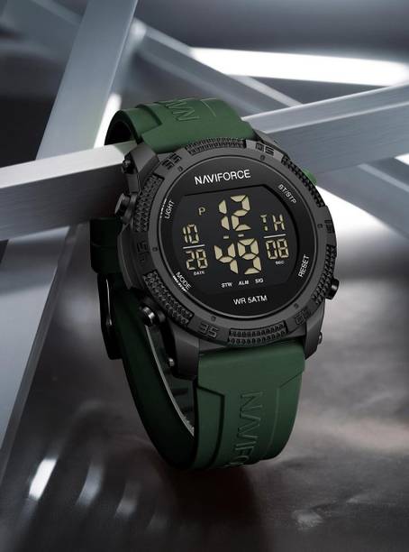 Green silicone light weight strap multi-function round dial Digital Watch - For Men NF7104 LED Luminous Sports Design