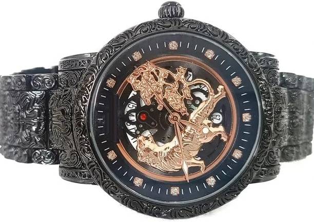Luxury Lion Curved Rose Gold Dial Bracelet Unisex Wrist Watch Analog -Antique Analog Watch - For Men Luxury Skeleton Lion Design Watch Vintage Engraved Metal Strap Automatic Style