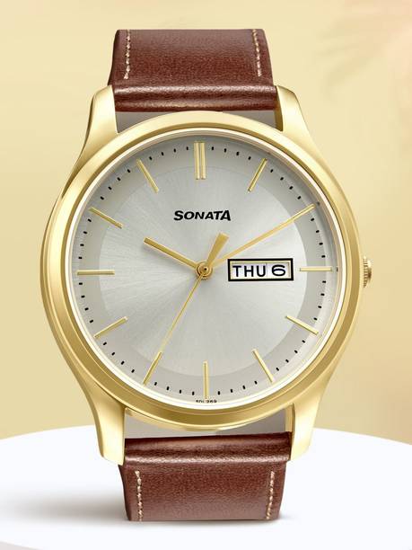 Sonata EStainless Steelentials Champagne Dial Brown LeatherStrap Analog Watch - For Men NS77082YL01W,NP77082YL01W,NU77082YL01W