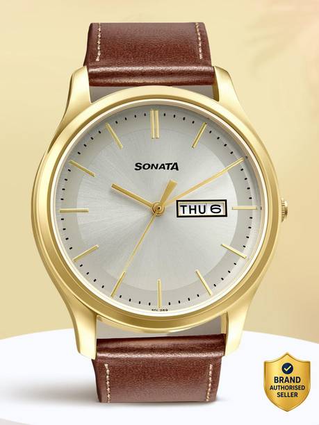 Sonata EStainless Steelentials Champagne Dial Brown LeatherStrap Analog Watch - For Men NS77082YL01W,NP77082YL01W,NU77082YL01W,NU77082YL06W