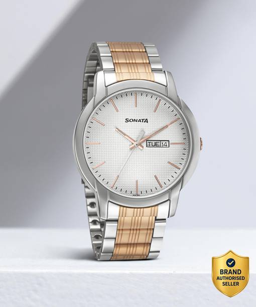 Sonata Beyond Gold White Dial TwoToned MetalStrap Analog Watch - For Men NT77031KM02,NT7987SL01W,7987SL01