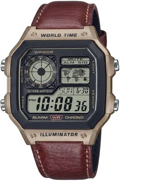 SKYRONWATCHES Retro Digital Watch for Men Digital Watch - For Men World Map Display watch with Leather Strap Illuminator Timer Alarm
