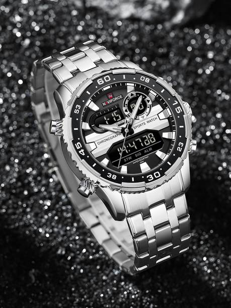Versatile combination of Silver strap and Black dial Analog-Digital Watch - For Men NF9234 Multi-Function Dual-Display Heavy Machinery Design