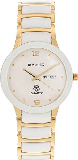 Royalex Watch White Dial Day and Date Golden Ceramic Case and White Gold Ceramic Chain Ceramic Round Watch With White Dial And Day And Date With Premium Chain Analog Watch  - For Men