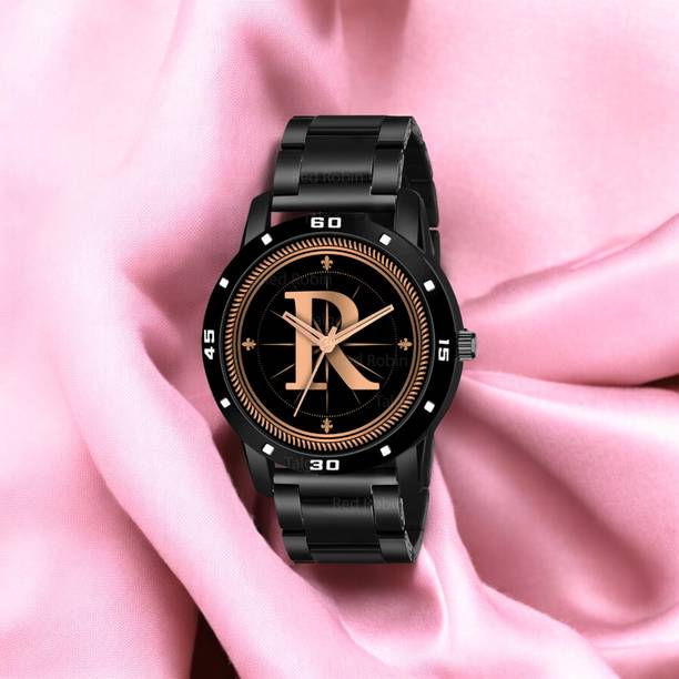 Atix ALPHA-R-AVO-BLK-CDBLK-AT Fancy Design Stylish ALPHABET R Dial Black Leather Strap Men Wrist Watch Analog Watch  - For Boys