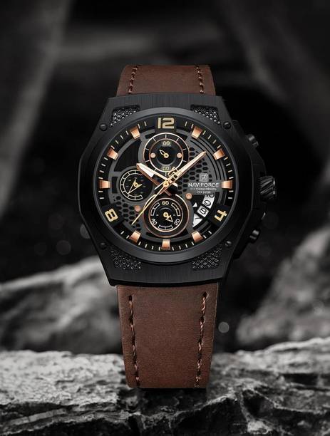 Distinctive and Elegant Black and Brown color Genuine Leather Analog Watch - For Men NF8051L Honeycomb Design Timepiece