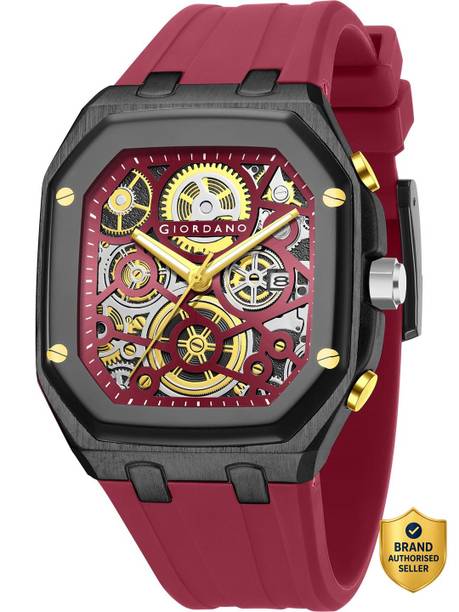 Analog Watch - For Men Skeleton with Square Dial, Red Silicone Strap, Quartz Movement GZ-50221-05