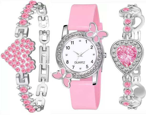 Analog Watch  - For Girls SW-313 Combo Pack Of 2 Round Pink PU Strap 2 Bracelet For Women
