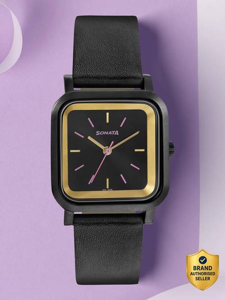 Sonata Quartz Black Dial Black Leather Strap Analog Watch - For Women 87037PL01W,NU87037PL01W