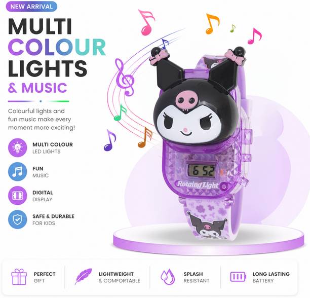 Digital Watch  - For Boys & Girls Kuromi Kids LED Rotating Light Cartoon Watch Colorful Flashing Lights With Music