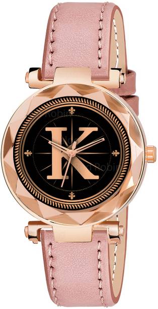 Gadgets World ALPHA-K-GEN-RG-PCH-L Fancy Design Stylish ALPHABET K Dial Peach Leather Strap Women Wrist Watch Analog Watch  - For Girls