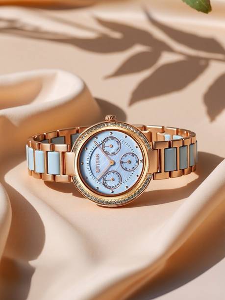 Titan Acetate Multifunction Blue MOP Dial Blue & RoseGold Strap Analog Watch - For Women NT95187KD01,NECO14504049W,95187KD01