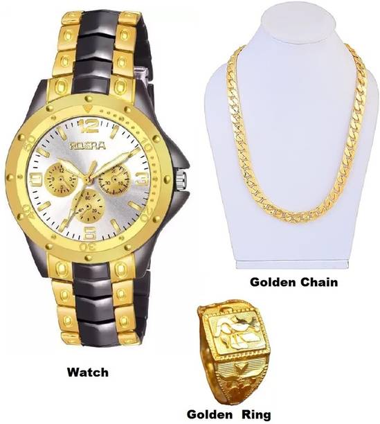 watchstar Golden Casual Analog Watch With Chain and Ring Free Golden Watches Analog Watch  - For Men