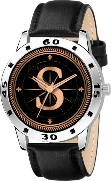 Gadgets World ALPHA-S-AVO-SIL-BLK-L Fancy Design Stylish ALPHABET S Dial Black Leather Strap Men Wrist Watch Analog Watch  - For Boys