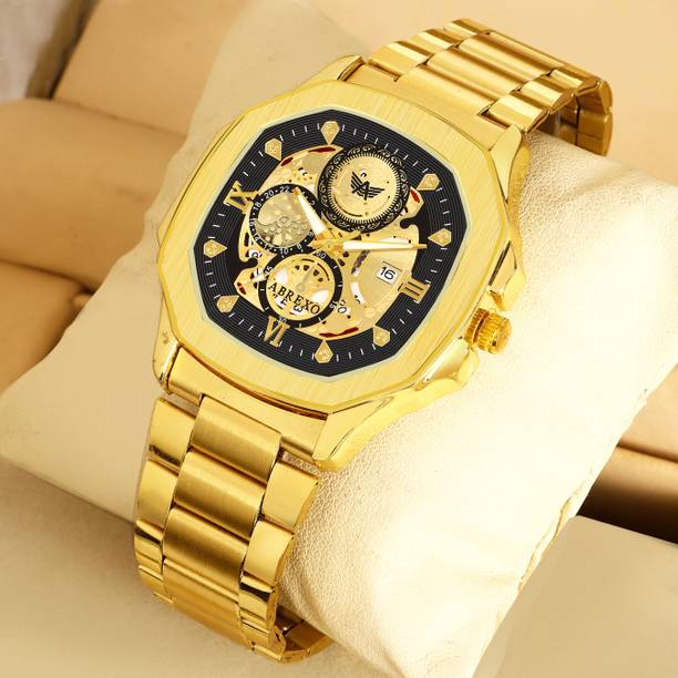ABREXO Abx8312-Golden Bracelets GODFATHER Square Chrono Look Golden Dial Date Working Stainless Strap For Boys Analog Watch  - For Men
