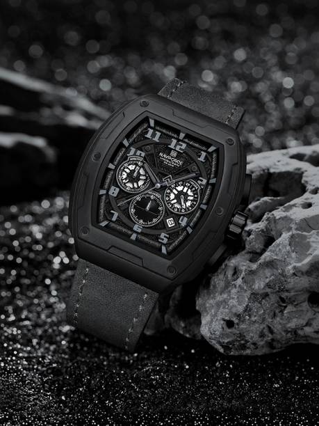 Dynamic view Black multifunctional dial with Grey genuine leather strap Analog Watch - For Men NF8053 Barrel's shaped case with hollowed dials