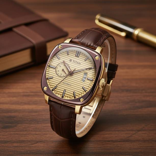 Titan Vintage Concealed Automatic With Beige Dial Brown Leather Strap Analog Watch - For Men 90225KL03