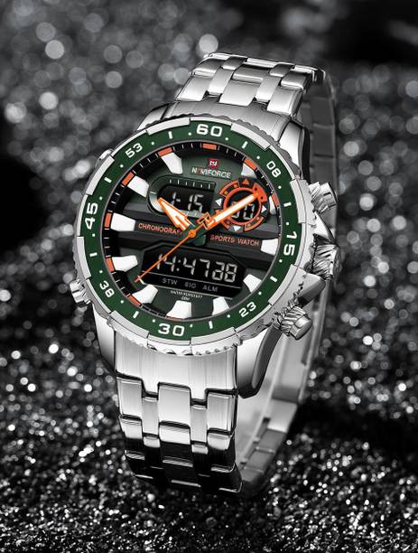 Versatile combination of Silver strap and Green dial Analog-Digital Watch - For Men NF9234 Multi-Function Dual-Display Heavy Machinery Design