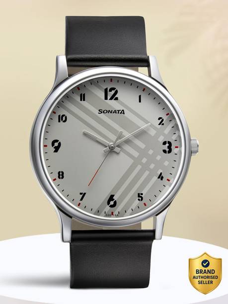 Sonata Smart Plaid White Dial Black Leather Strap Analog Watch - For Men NT77105SL01W,NU77105SL01W