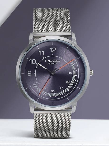 Sonata Poze Anthracite Dial Silver Metal Strap Analog Watch - For Men SP70006SM02