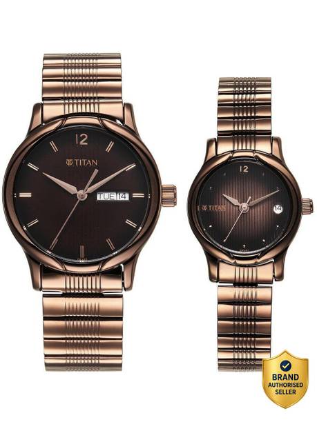 Titan Bandhan Brown Dial Brown Stainless Steel Strap Couple Analog Watch  - For Couple NT15802490QM01,NU15802490QM01