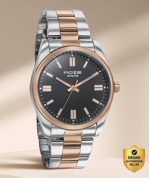 Sonata Poze Black Dial Silver & Rose Gold MetalStrap Analog Watch  - For Men SP70033KM01W