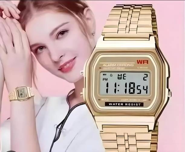 RSM Stainless Strap Gold Digital Watch Waterproof Alarm Stopwatch Trendy Chain Strap Series Digital Watch  - For Men & Women