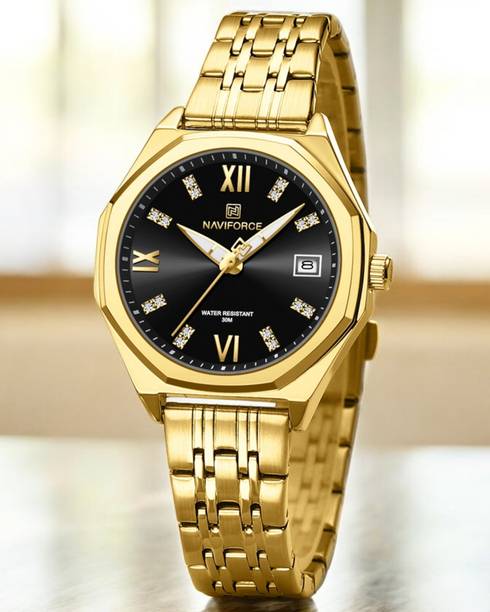 NAVIFORC NF5052GBG Roman Numeral with diamond accents on black dial with golden strap Analog Watch  - For Women