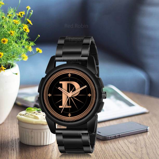 Gadgets World ALPHA-P-J16-BLK-CDBLK Fancy Design Stylish ALPHABET P Dial Black Leather Strap Men Wrist Watch Analog Watch  - For Boys