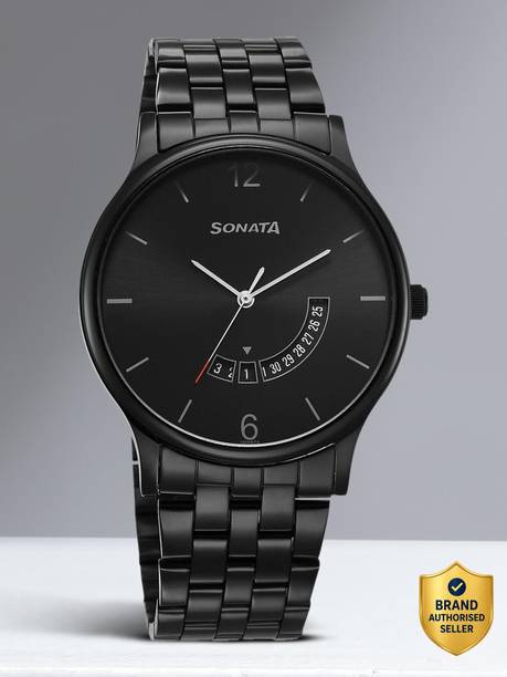 Sonata With Date Black Dial Black Stainless Steel Strap Analog Watch - For Men NT77105KM01,77105KM01,NU77105KM01,NU77105NM01