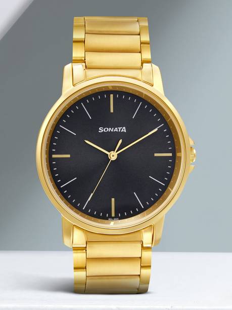 Sonata EStainless Steelentials Grey Dial Gold Stainless Steel Strap Analog Watch - For Men NT77083YM04W,NU77083YM04W