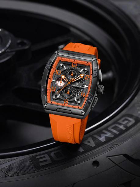 Orange Luminous Hollow Dial with three chrongraph function Analog Watch - For Men NF8052 Barrel-shaped silicone strap timepeice