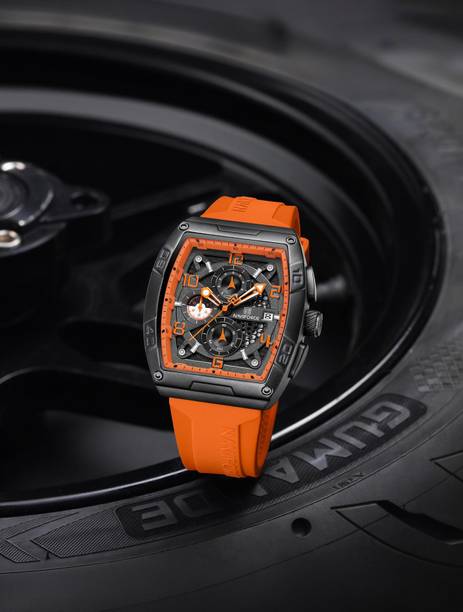 Orange Luminous Hollow Dial with three chrongraph function Analog Watch - For Men NF8052 Barrel-shaped silicone strap timepeice