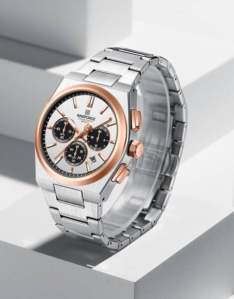 NAVIFORCE NF8048G Silver & Rosegold with white chronograph dial stainless steel strap Analog Watch  - For Men