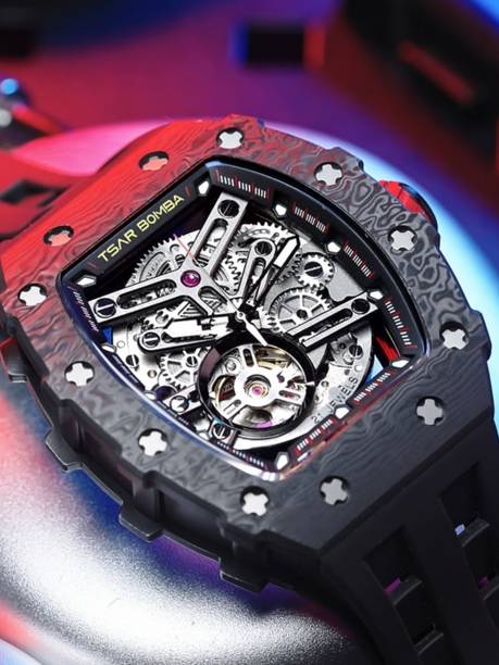 Mens Black Automatic Luxury Watch | Black Tonneau Skeleton Dial Analog Watch - For Men TB8208CF-38