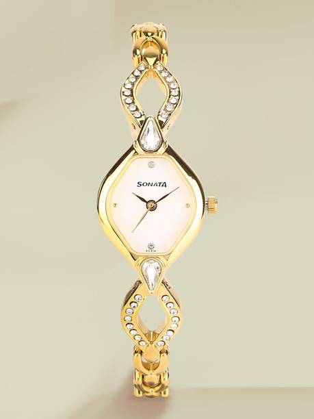 Sonata Quartz White Dial Gold Metal Strap Analog Watch - For Women NT8063YM03,NU8063YM03