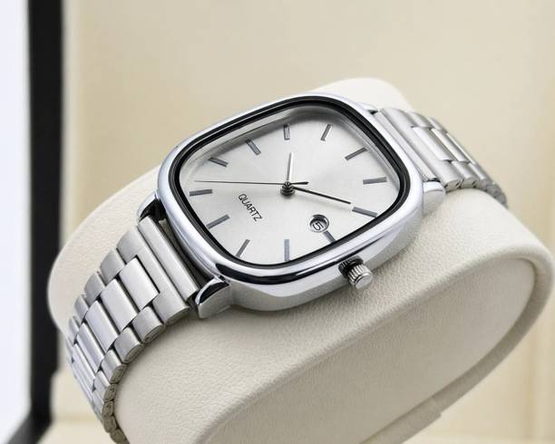 Diatech Stainless Steel Analog Watch  - For Men Date Functioning Square Silver Dial and Stainless Steel With Adjustable Chain